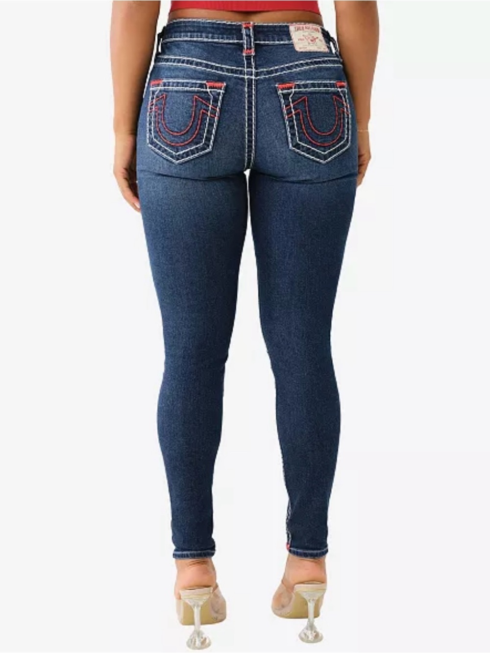 True Religion Dark Blue Mid Rise Skinny Jeans with Red Contrast Stitching